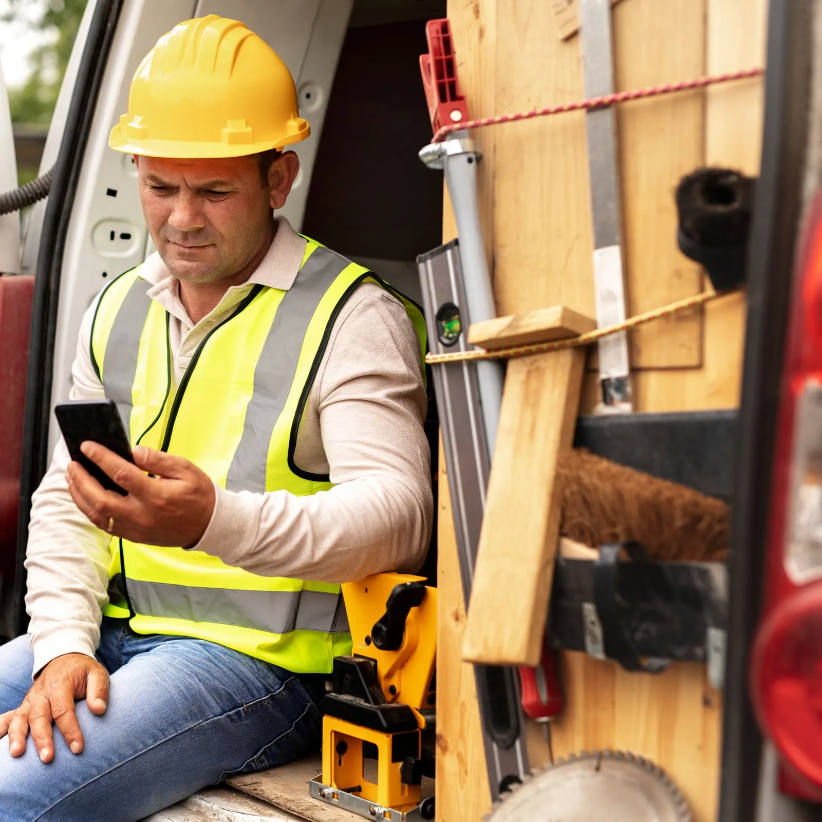 A tradesman checking his phone in the back of his work van